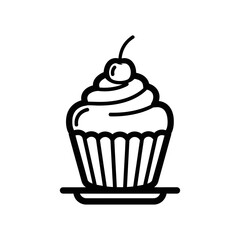 Cupcake Icon with Cherry – Dessert Line Art Vector