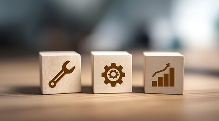 Wooden blocks display tools and growth symbols, representing innovation, strategy, and progress in business and technology.