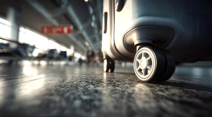 Close-up view of a rolling suitcase wheel on a polished airport floor, symbolizing travel journeys and adventure.
