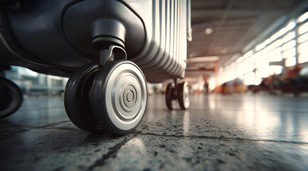 Fototapeta premium Close-up of a suitcase wheel at the airport, showcasing travel and adventure with a vibrant background.