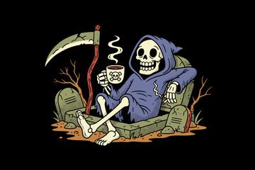 Fototapeta premium Grim Reaper Relaxing with Coffee in Graveyard.