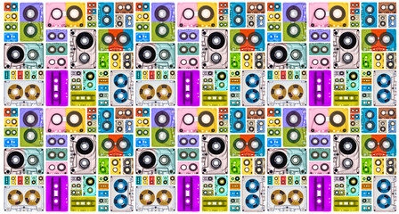 Colorful cassette tapes collage in knolling pattern, view from above