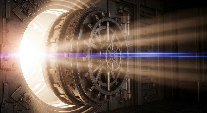 Mysterious glowing vault door opening with bright light beams.