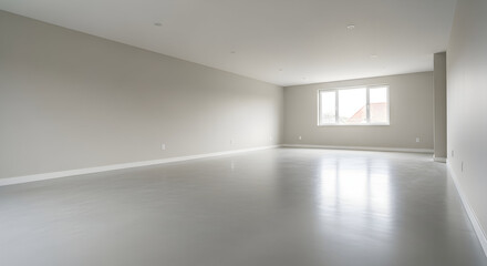 Bright Empty Studio Room with Large Window and Reflective Floor.