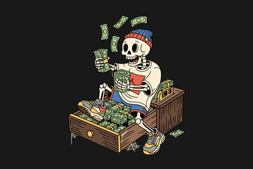 Skeleton counting money and throwing cash in the air.