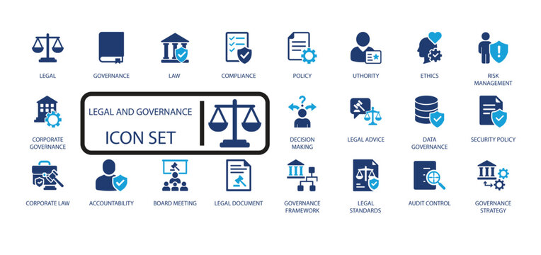 Law, Governance, and Compliance icon set. Perfect for legal, audit, risk management, and regulatory documentation design.