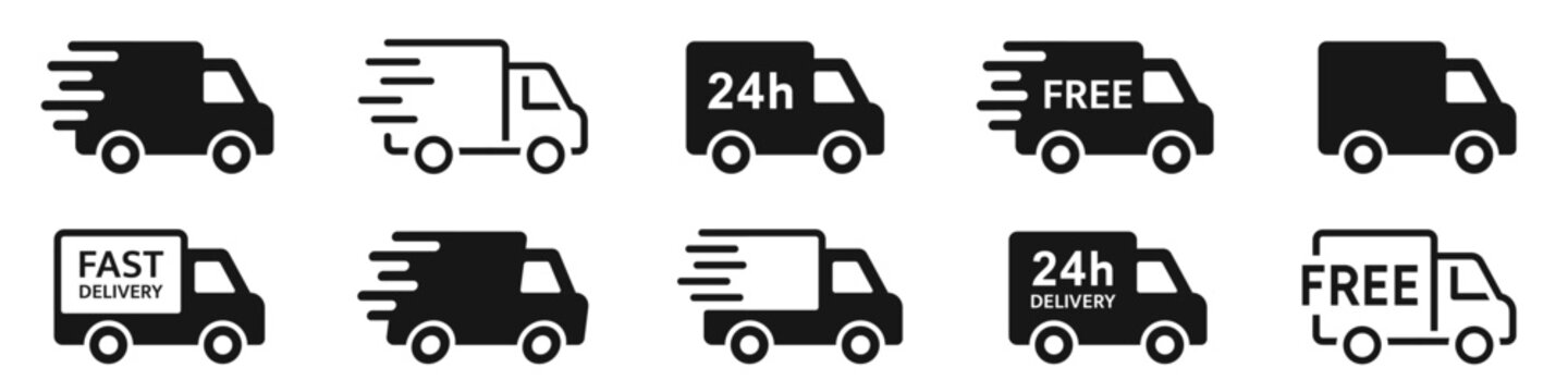Fast delivery icon set. Free shipping, express delivery, 24 hours, fast van. Truck symbol on white background - stock vector.