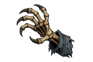 Undead skeletal hand with sharp claws reaching, wearing ragged robe, spooky halloween monster horror creature element, transparent background