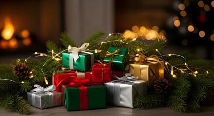 Colorful Christmas Gift Boxes with Fairy Lights Home Decor.