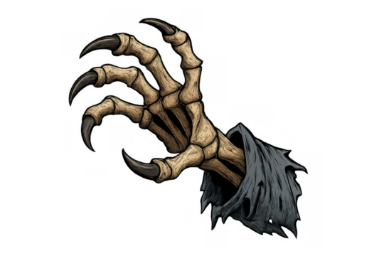 Undead skeletal hand with sharp claws reaching, wearing ragged robe, spooky halloween monster horror creature element, transparent background