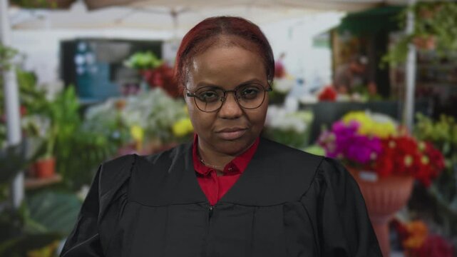 Woman judge holds gavel in raised hand outside vibrant flower shop on busy street; justice authority.