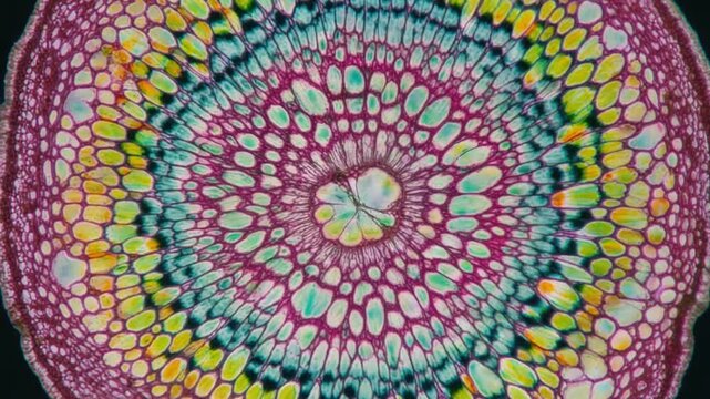 Vibrantly stained microscopic cross-section of a plant stem, showcasing intricate cellular structure and vascular tissue organization.