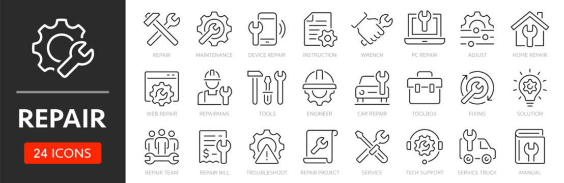 Repair line icon set. Editable Stroke. Maintenance, wrench, fixing, service, tools, repairman, engineer, troubleshoot - stock vector. - Powered by Adobe