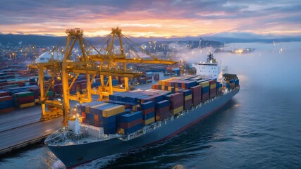 41Cargo ship loading rare earth containers at industrial port, cranes and foggy sunrise emphasizing trade and global distribution - Powered by Adobe