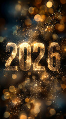 Happy New Year 2026 Text Christmas Gold Sparkles Bokeh Defocused Effect Vertical Background