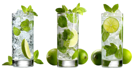 Three mojito drinks with limes and mint isolated on a transparent background