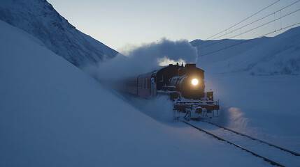 A vintage train traverses a snow-laden landscape as steam rises, captured against a backdrop of majestic, snow-covered mountains and power lines in the winter's light.
