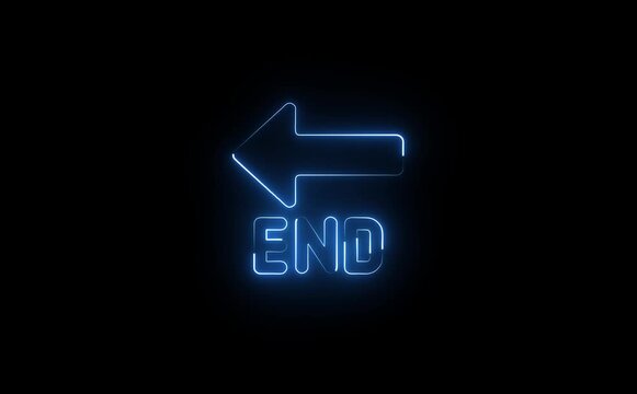 Glowing neon arrow pointing left with the word end underneath on a dark black background scene