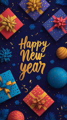 Happy New Year 2026 Text Christmas Gold Sparkles Bokeh Defocused Effect Vertical Background