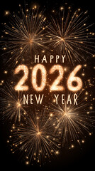 Happy New Year 2026 Text Christmas Gold Sparkles Bokeh Defocused Effect Vertical Background