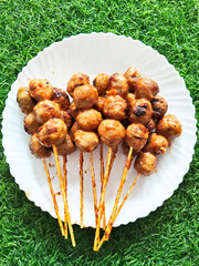 Indonesian Street Food Barbecued Meatballs Savory Skewers