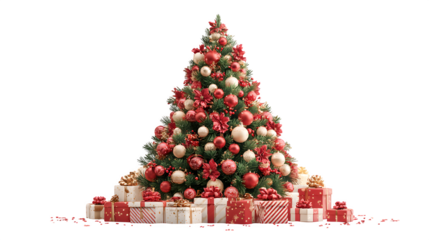 Classic Christmas tree with red and gold decorations, shiny baubles, and multiple presents neatly placed underneath, cheerful holiday theme, isolated on white background