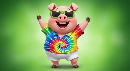 Happy cartoon pig wearing sunglasses and a colorful tie dye shirt