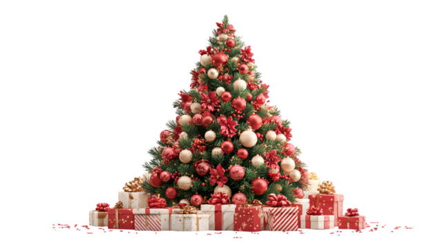 Classic Christmas tree with red and gold decorations, shiny baubles, and multiple presents neatly placed underneath, cheerful holiday theme, isolated on white background