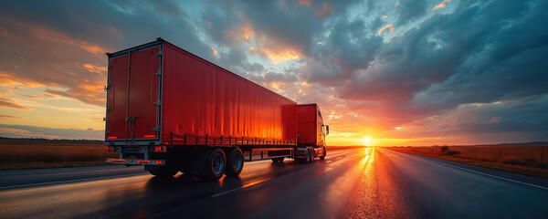 Red truck with trailer hauls goods along highway at sunset. Lorry transports cargo. Vehicle speeds on the wet road against a dramatic sunset cloudy sky. Logistics and shipping company.