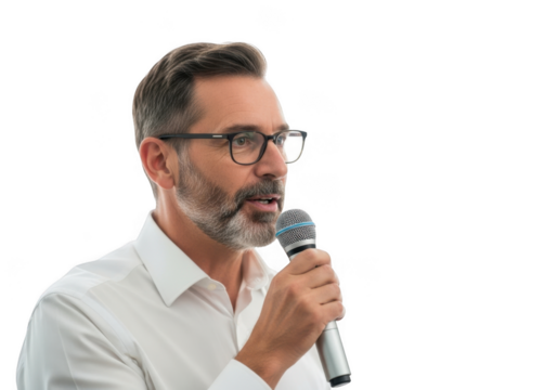 A distinguished middle aged man with glasses and a beard speaking into a microphone isolated on transparent background