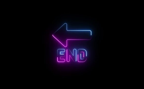Neon arrow pointing left above the word end with a blue and purple glow on a black background