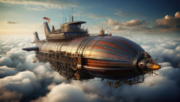 Majestic Steampunk Airship Blimp Flying Above Clouds at Sunset