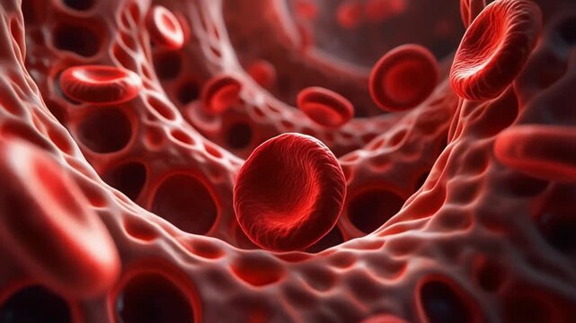 Microscopic view of red blood cells flowing through a blood vessel, detailed illustration.