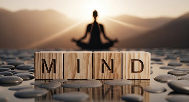 Serene meditation scene with the word MIND spelled out in blocks - Powered by Adobe