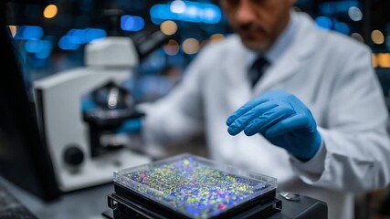 49Scientist wearing gloves placing labeled rare earth samples into microscope tray, concept of material science and precision research