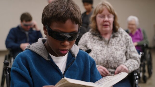 Young boy in a wheelchair reading a book. he is wearing a blue hoodie and black sunglasses. he appears to be focused on the book in front of him, with his eyes closed and his mouth slightly open.