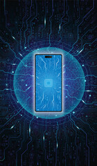 Mobile phone technology concept with glowing mobile phone icon in the center, electronic circuit pattern on the surface and surrounded by circuit pattern on dark black background.