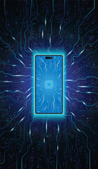 Mobile phone technology concept with glowing mobile phone icon in the center, electronic circuit pattern on the surface and surrounded by circuit pattern on dark black background.