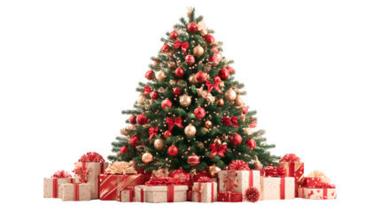 Classic Christmas tree with red and gold decorations, shiny baubles, and multiple presents neatly placed underneath, cheerful holiday theme, isolated on white background