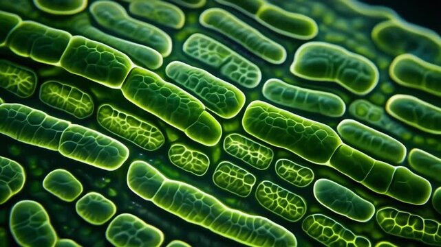 Close-up of green bacteria cells, showing their detailed structure.