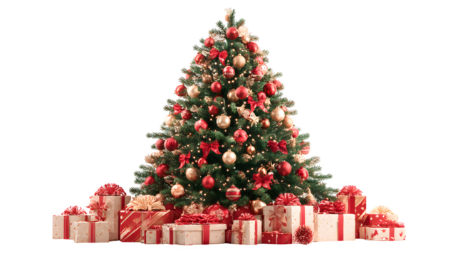 Classic Christmas tree with red and gold decorations, shiny baubles, and multiple presents neatly placed underneath, cheerful holiday theme, isolated on white background