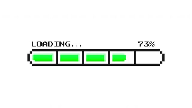 Green pixel retro loading bar with bright retro tiles progressing through a stylized minimal interface ProRes Alpha Channel 4K 60fps