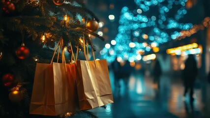 Paper bags of festive gifts hanging on a decorated Christmas tree with twinkling city lights and blurred shoppers in the background, capturing holiday shopping and seasonal cheer - Powered by Adobe