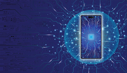 Mobile phone technology concept with glowing mobile phone icon in the center, electronic circuit pattern on the surface and surrounded by circuit pattern on dark black background.