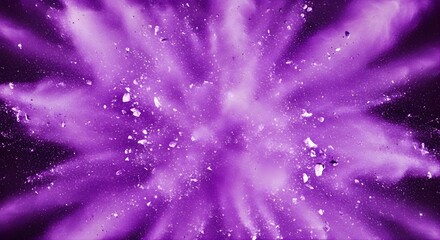 Vibrant purple powder explosion with numerous small particles scattering outwards, creating a dynamic abstract background effect.