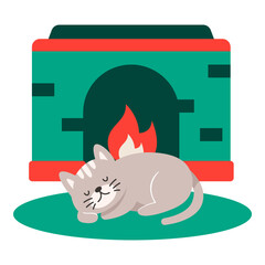 This cat sleep in front of the fireplace illustration is suitable for Christmas Cat.