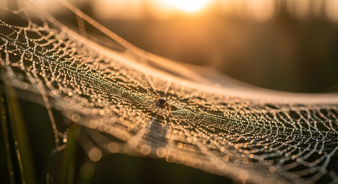 Golden Dawn Spider Web Morning Grass.