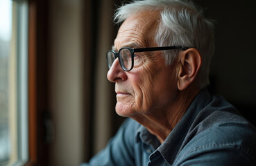 Senior man gazes out window with thoughtful expression. Wears eyeglasses, grey shirt. Image focuses on face conveying introspection, quiet reflection. Portrait captures moment of contemplation.