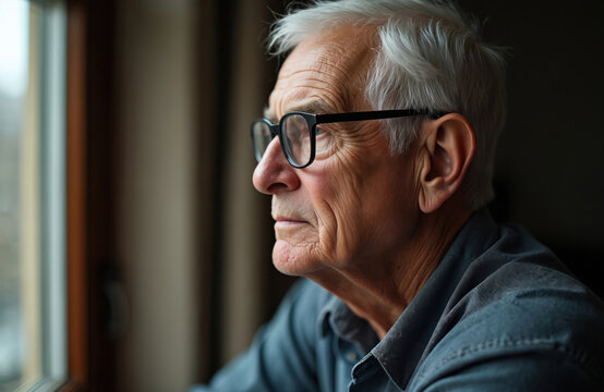 Senior man gazes out window with thoughtful expression. Wears eyeglasses, grey shirt. Image focuses on face conveying introspection, quiet reflection. Portrait captures moment of contemplation.