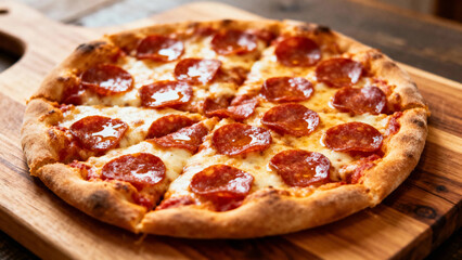 A freshly baked pepperoni pizza with melted cheese and tomato sauce, served on a wooden cutting board.